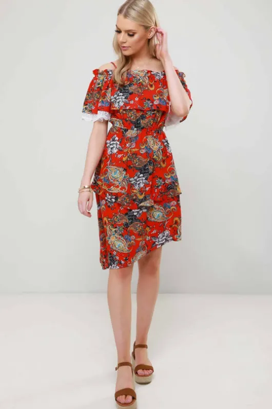 Anita Red Paisley Asymmetric Ruffle Midi Dress
