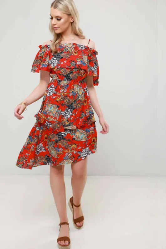 Anita Red Paisley Asymmetric Ruffle Midi Dress