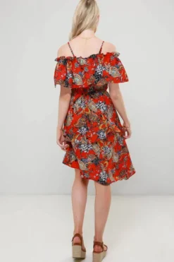 Anita Red Paisley Asymmetric Ruffle Midi Dress
