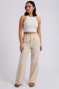 Beige Linen Blend Wide Leg Trouser