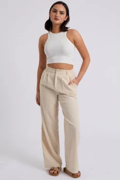 Beige Linen Blend Wide Leg Trouser