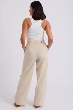 Beige Linen Blend Wide Leg Trouser