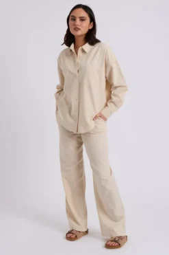 Beige Linen Blend Wide Leg Trouser