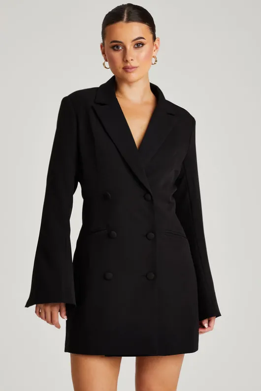Black Flare Sleeve Fitted Blazer Dress
