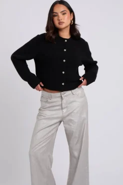 Black Floral Button Cropped Cardigan