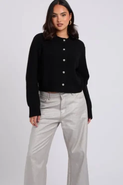 Black Floral Button Cropped Cardigan