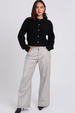Black Floral Button Cropped Cardigan