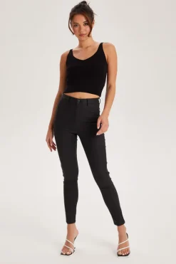 Black Leather-Look High Waist Skinny Jeans | Urban Bliss clothing