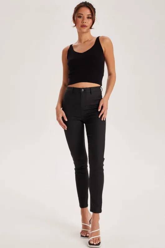 Black Leather-Look High Waist Skinny Jeans | Urban Bliss clothing