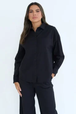 Black Linen Blend Oversized Shirt