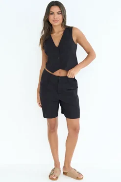 Black Linen Blend Short