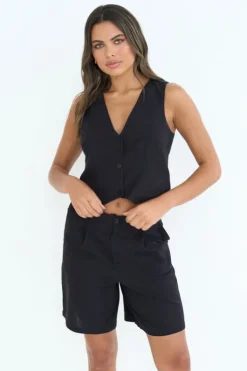 Black Linen Blend Short