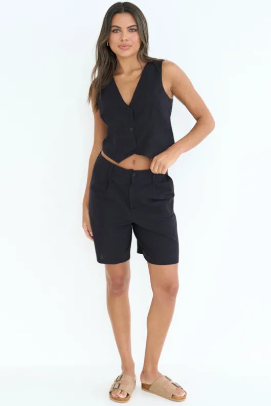 Black Linen Blend Waistcoat