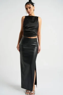 Black Maxi Side Split PU Skirt