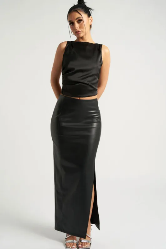 Black Maxi Side Split PU Skirt