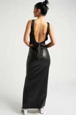 Black Maxi Side Split PU Skirt