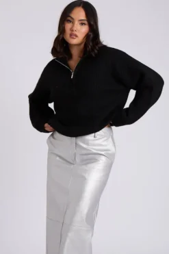 Black Ribbed Oversized Half Zip Jumper