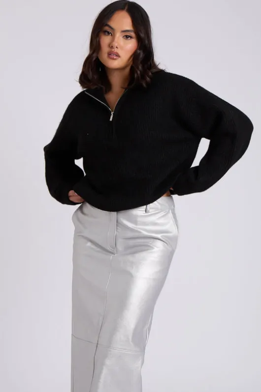 Black Ribbed Oversized Half Zip Jumper
