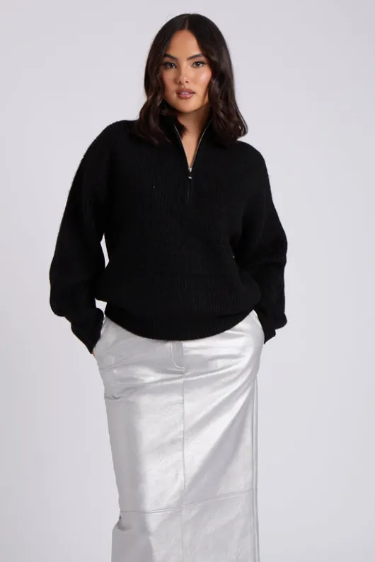 Black Ribbed Oversized Half Zip Jumper