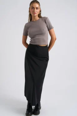 Black Satin Bias Cut Midi Skirt