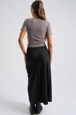 Black Satin Bias Cut Midi Skirt