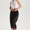 Black Satin Side Knot Midi Skirt