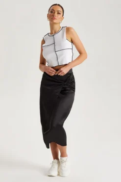 Black Satin Side Knot Midi Skirt