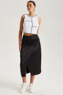 Black Satin Side Knot Midi Skirt
