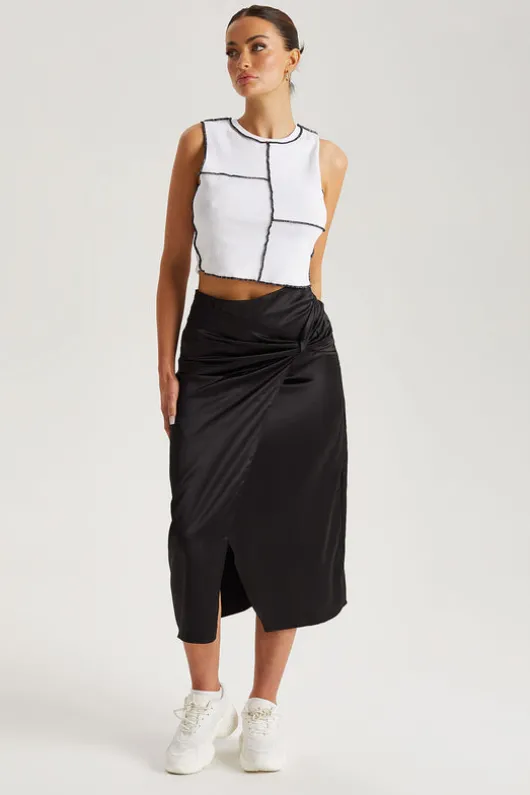 Black Satin Side Knot Midi Skirt