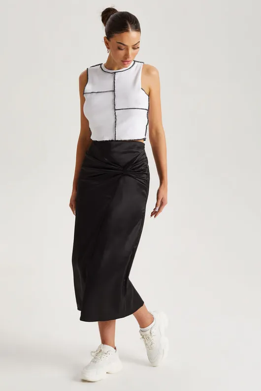 Black Satin Side Knot Midi Skirt