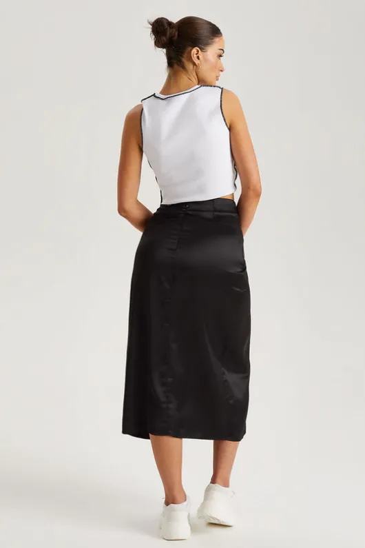 Black Satin Side Knot Midi Skirt
