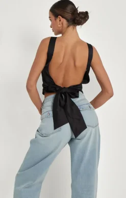 Black Satin Tie Back Top