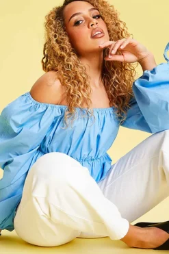 Blue Drawstring Edge Sleeve Bardot