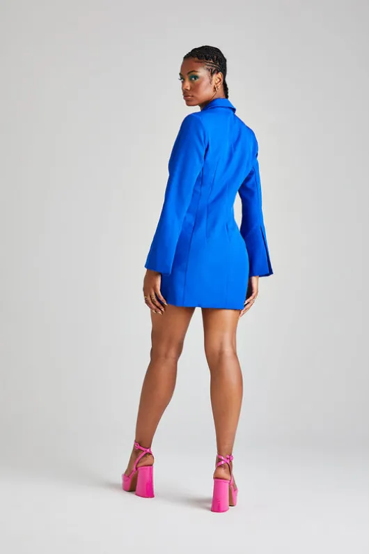 Blue Flare Sleeve Fitted Blazer Dress