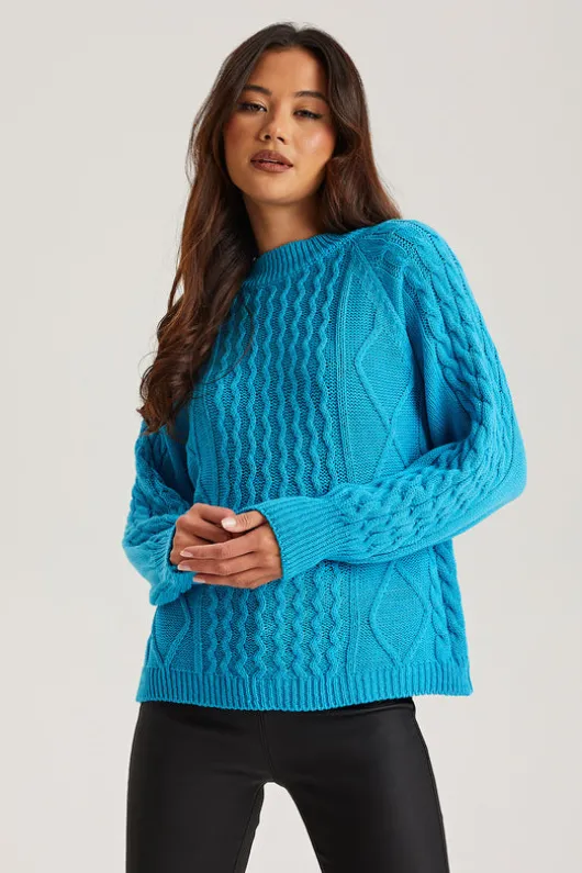 Bright Blue Crew Neck Cable Jumper | Urban Bliss clothing