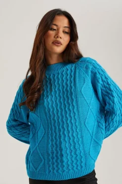 Bright Blue Crew Neck Cable Jumper | Urban Bliss clothing