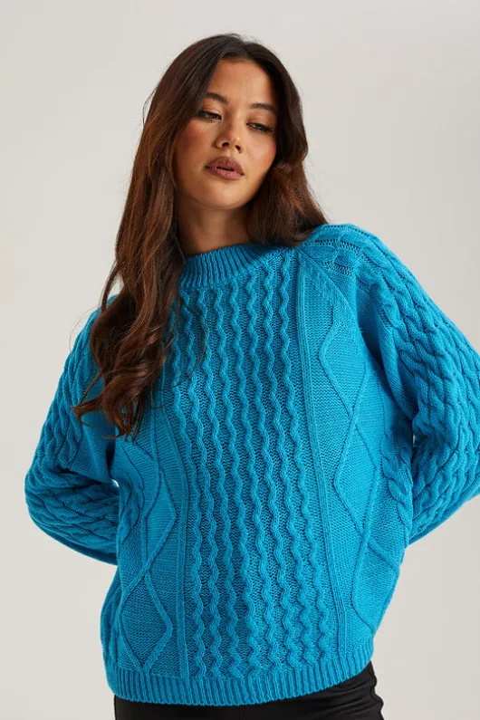 Bright Blue Crew Neck Cable Jumper | Urban Bliss clothing