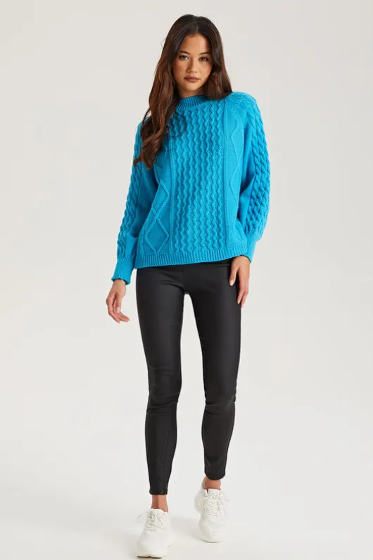 Bright Blue Crew Neck Cable Jumper | Urban Bliss clothing