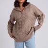 Brown Cable Zip Neck Jumper