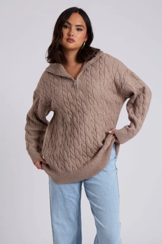 Brown Cable Zip Neck Jumper