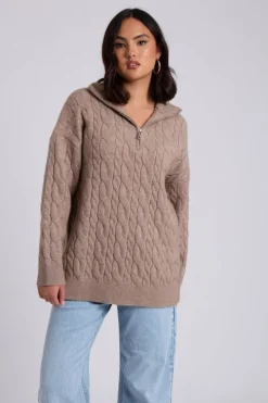 Brown Cable Zip Neck Jumper