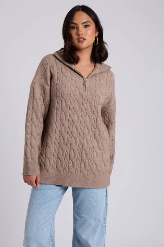 Brown Cable Zip Neck Jumper