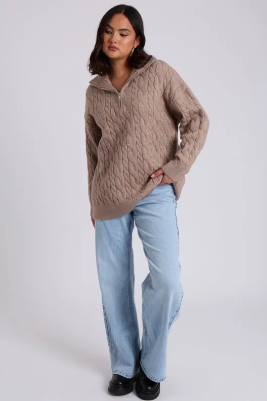 Brown Cable Zip Neck Jumper