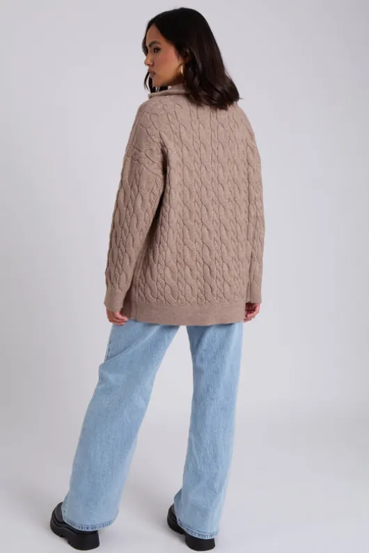Brown Cable Zip Neck Jumper