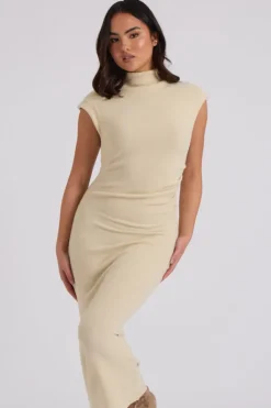 Brushed Cream Jersey Maxi Ruched Dress