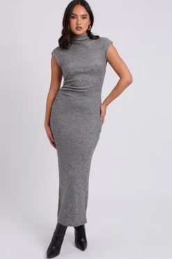 Brushed Grey Jersey Maxi Ruched Dress