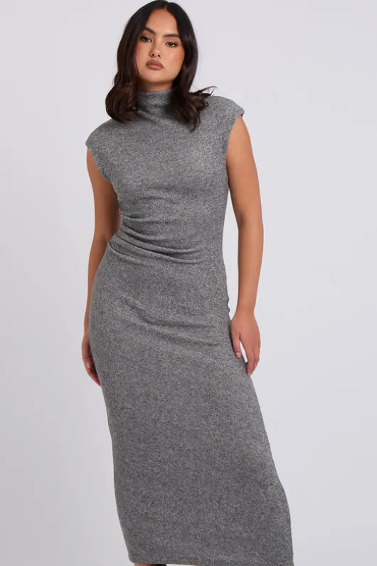 Brushed Grey Jersey Maxi Ruched Dress