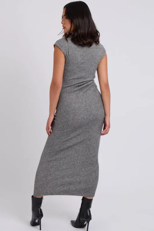 Brushed Grey Jersey Maxi Ruched Dress