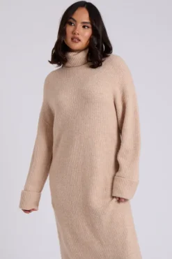 Camel Roll Neck Midi Dress