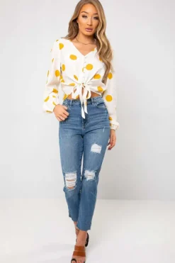 Canary Mustard Spot Tie Front Top